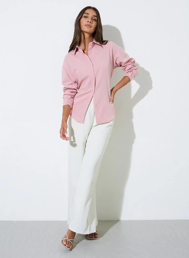 ستايلي Pink Embellished Long Sleeves Oversized Shirt