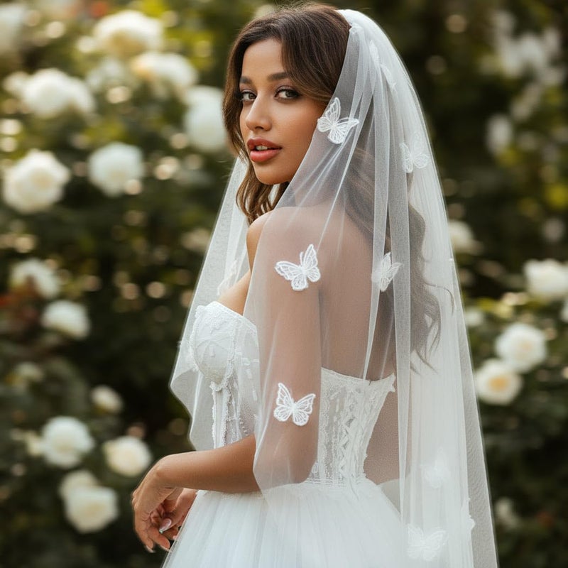 Unsutuo 1 Tier Bride Wedding Veil Fingertip Tulle Veil Butterfly Bridal Veil with Headpiece for Women and Girls (Ivory) - Image 3