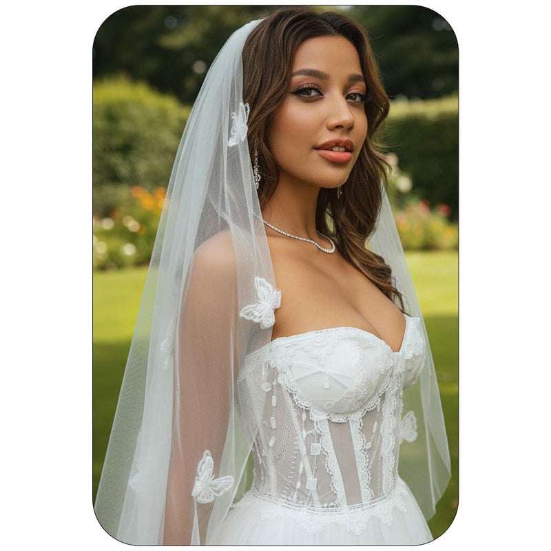 Unsutuo 1 Tier Bride Wedding Veil Fingertip Tulle Veil Butterfly Bridal Veil with Headpiece for Women and Girls (Ivory) - Image 1