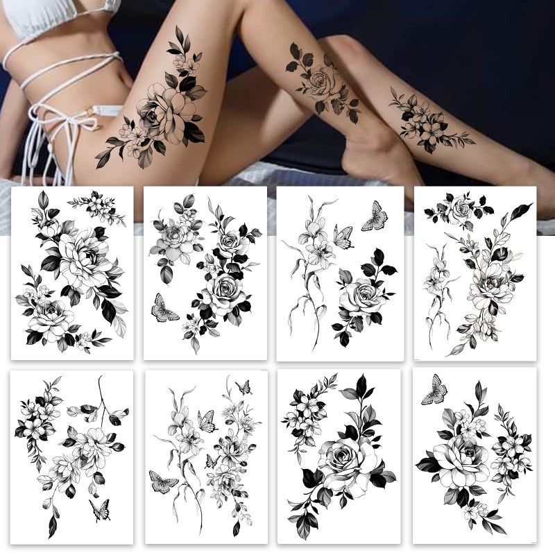 Temporary tattoos for women sexy thigh chest shoulder stomach Large flower huge fake tattoosExquisite and aestheticDesigned By Real Tattoo Artists Roarhowl tattoo rose 8 sheets