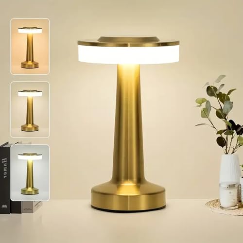 GITGRNTH Table Lamp with Tree Colour Stepless Dimming Light, 1200 mAh Battery Rechargeable Modern Decorative Desk Lamp, Soft Warm Light for Bedroom, Living Room, Office,Nightstand (Big Round Golden) - Image 1