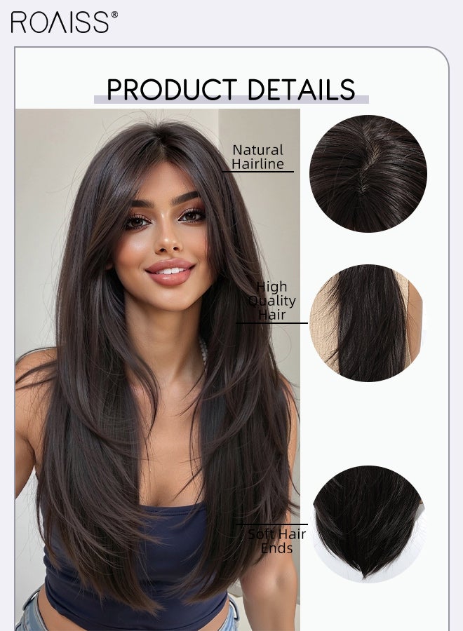 رويس باروكة شعر مستعار بني طويل رائع مع غرة مفروقة في المنتصف، باروكة شعر مستعار مستقيمة متعددة الطبقات للنساء، شعر صناعي طبيعي المظهر ومقاوم للحرارة للاستخدام اليومي في الحفلات التنكرية، 60.96 سم (24 بوصة) - Image 5