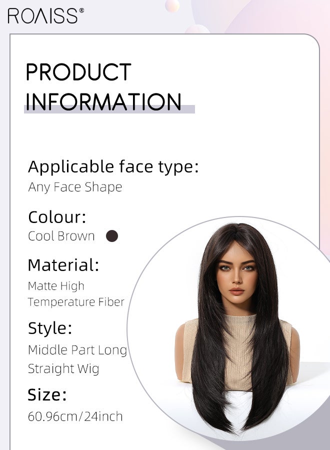 رويس باروكة شعر مستعار بني طويل رائع مع غرة مفروقة في المنتصف، باروكة شعر مستعار مستقيمة متعددة الطبقات للنساء، شعر صناعي طبيعي المظهر ومقاوم للحرارة للاستخدام اليومي في الحفلات التنكرية، 60.96 سم (24 بوصة) - Image 3