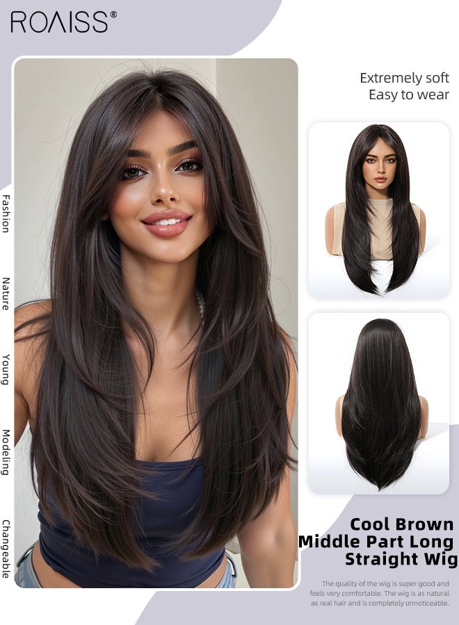 رويس باروكة شعر مستعار بني طويل رائع مع غرة مفروقة في المنتصف، باروكة شعر مستعار مستقيمة متعددة الطبقات للنساء، شعر صناعي طبيعي المظهر ومقاوم للحرارة للاستخدام اليومي في الحفلات التنكرية، 60.96 سم (24 بوصة) - Image 1