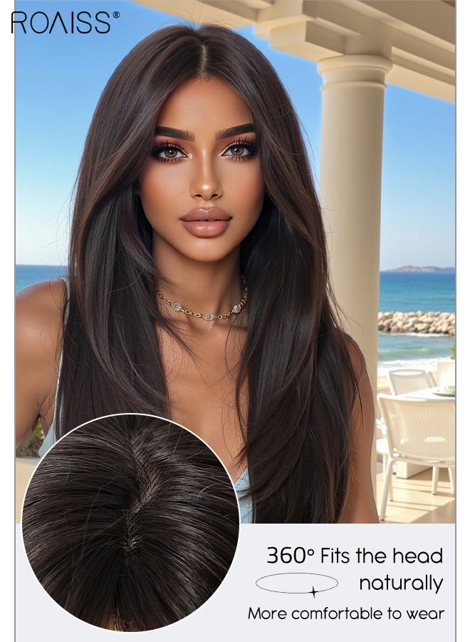 رويس باروكة شعر مستعار بني طويل رائع مع غرة مفروقة في المنتصف، باروكة شعر مستعار مستقيمة متعددة الطبقات للنساء، شعر صناعي طبيعي المظهر ومقاوم للحرارة للاستخدام اليومي في الحفلات التنكرية، 60.96 سم (24 بوصة) - Image 4