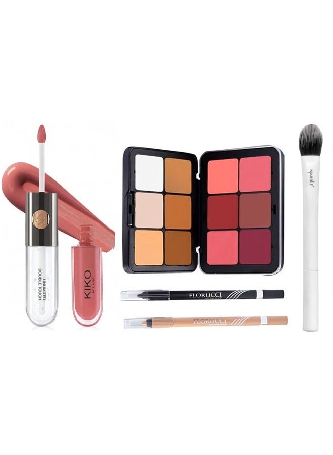 فلوروتشي مجموعة مكياج من 5قطع احمرخدودقلم كحل لتحديد العين واحمر شفاه سائل وفرشة ماربل - Image 1