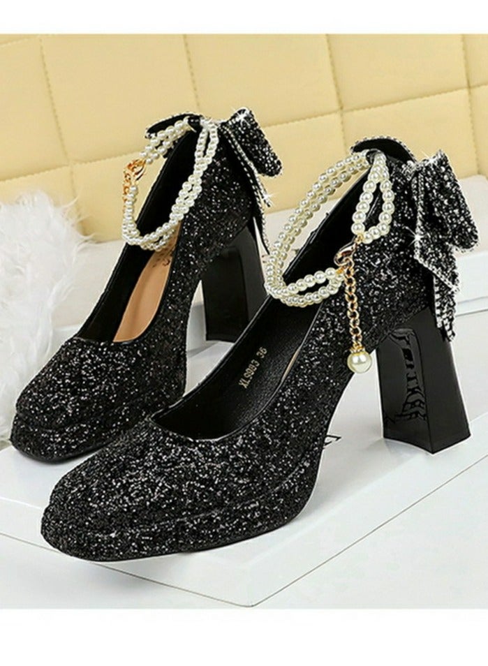 بيج تري المرأة لامعة الباعثات منصة شانكي الكعب العالي مربع مغلق إصبع القدم مضخات الأسود 9CM - Image 1