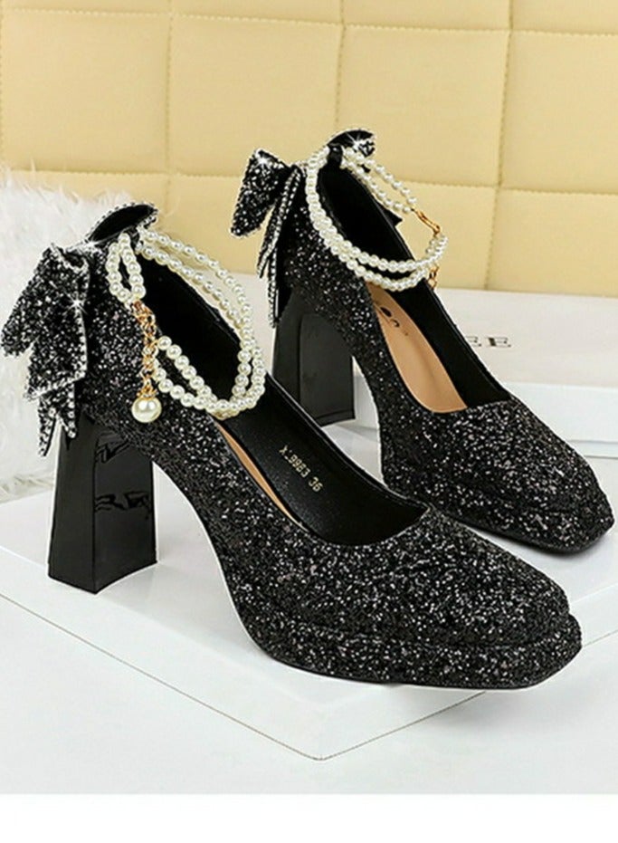 بيج تري المرأة لامعة الباعثات منصة شانكي الكعب العالي مربع مغلق إصبع القدم مضخات الأسود 9CM - Image 2