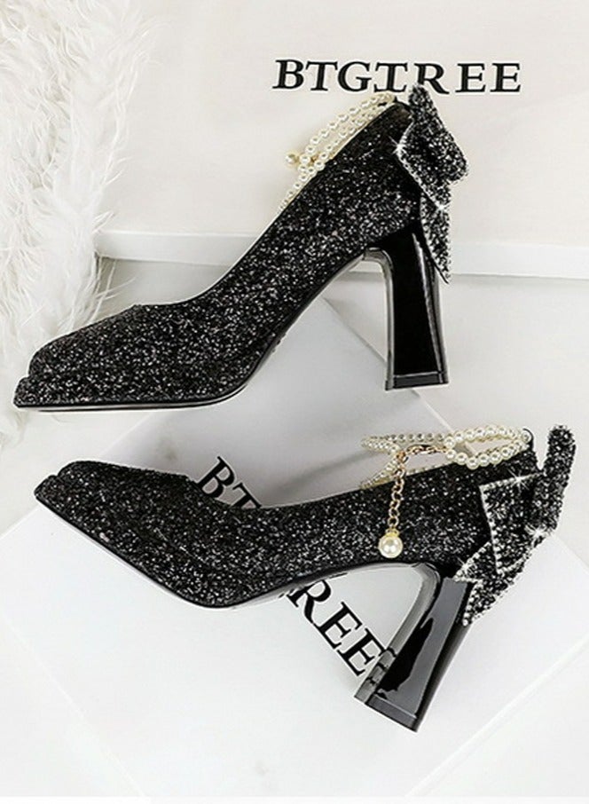 بيج تري المرأة لامعة الباعثات منصة شانكي الكعب العالي مربع مغلق إصبع القدم مضخات الأسود 9CM - Image 3
