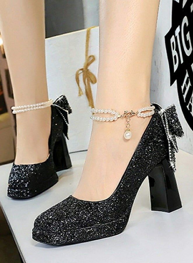 بيج تري المرأة لامعة الباعثات منصة شانكي الكعب العالي مربع مغلق إصبع القدم مضخات الأسود 9CM - Image 5