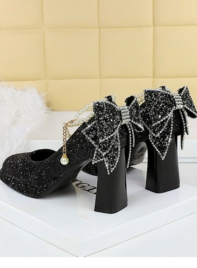 بيج تري المرأة لامعة الباعثات منصة شانكي الكعب العالي مربع مغلق إصبع القدم مضخات الأسود 9CM - Image 4