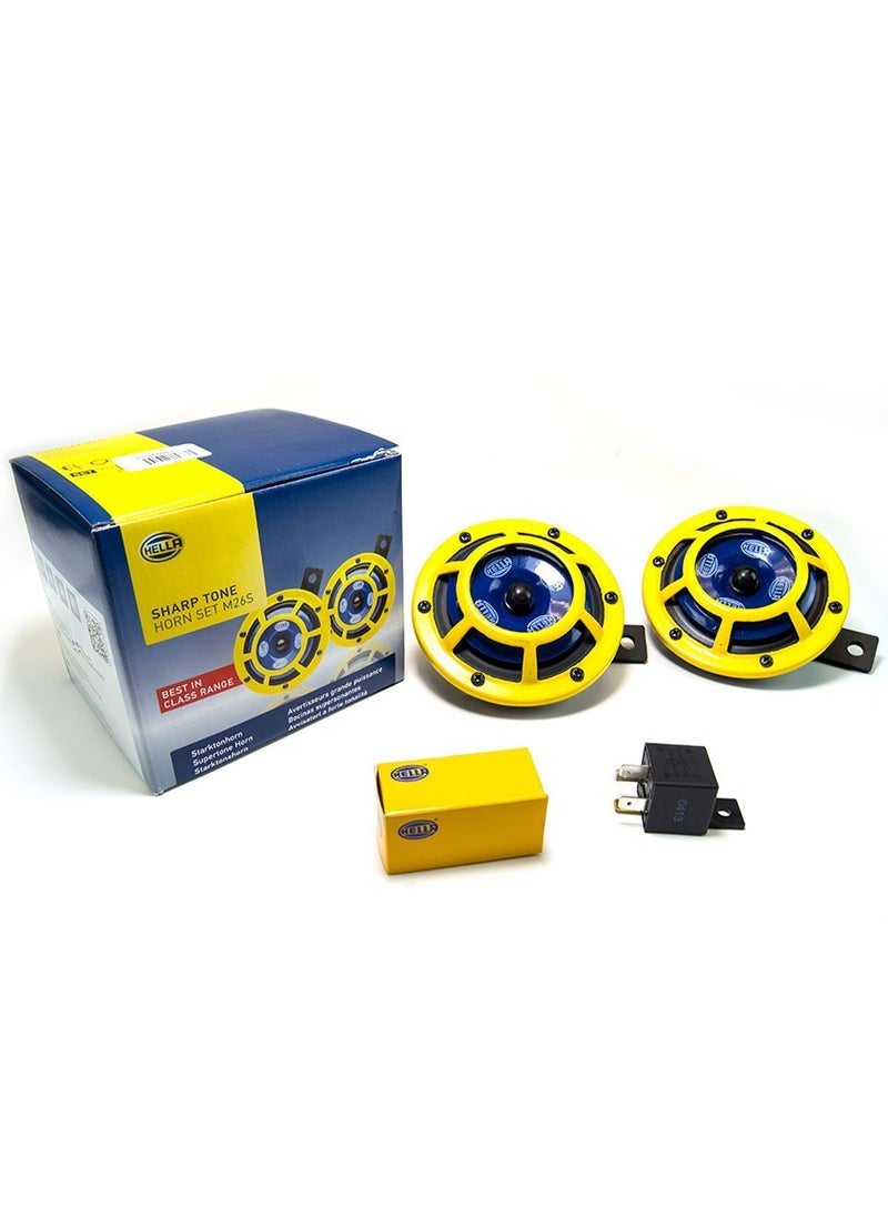 HELLA HELLA H31000001 Sharptone 12V High Tone / Low Tone Twin Horn Kit with Yellow Protective Grill, Includes Relay, 2 Horns  - Image 1
