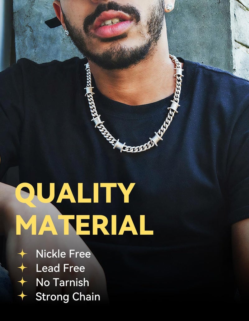 ChainsHouse Stainless Steel Barbed Wire Necklace Thick Heavy Thorns Chain Necklace 9mm Unisex Hip-hop Punk Gothic Cuban Chain Necklace Chokers for Men Women 16 inch - Image 2