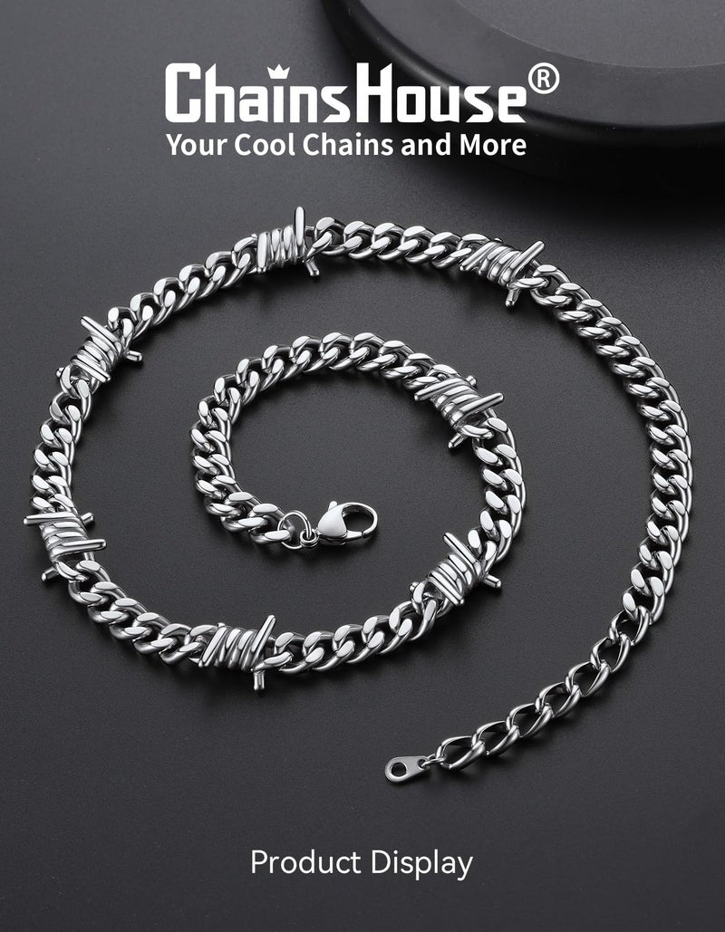 ChainsHouse Stainless Steel Barbed Wire Necklace Thick Heavy Thorns Chain Necklace 9mm Unisex Hip-hop Punk Gothic Cuban Chain Necklace Chokers for Men Women 16 inch - Image 3