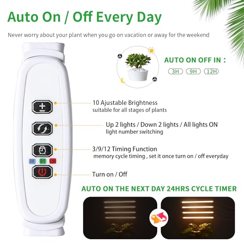 RWNTAO LED Plant Growing lamp, 3500K Full Spectrum Grow Light Strips for Indoor Plants with 3/9/12H Timer & 10 Dimmable Levels, Led Growth Light for Green House Hydroponics Succulent 13In 4Head - Image 2
