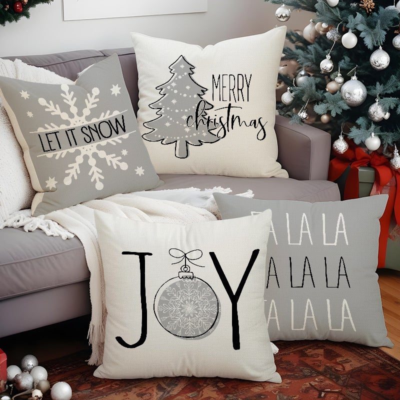 New Grey Christmas Tree Snowflake Christmas Pillowcase Linen Printed Pillowcase Holiday Sofa Decorative Pillowcase - Image 3