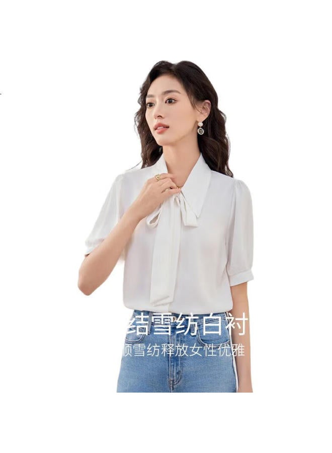 First Application Chushen Summer Versatile Short-Sleeve Blouse For Women, Butterfly Bow Tie Chiffon Shirt, Elegant Fashionable White Shirt S13Kc1041 - Image 1