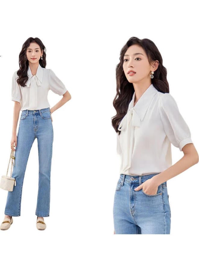 First Application Chushen Summer Versatile Short-Sleeve Blouse For Women, Butterfly Bow Tie Chiffon Shirt, Elegant Fashionable White Shirt S13Kc1041 - Image 2
