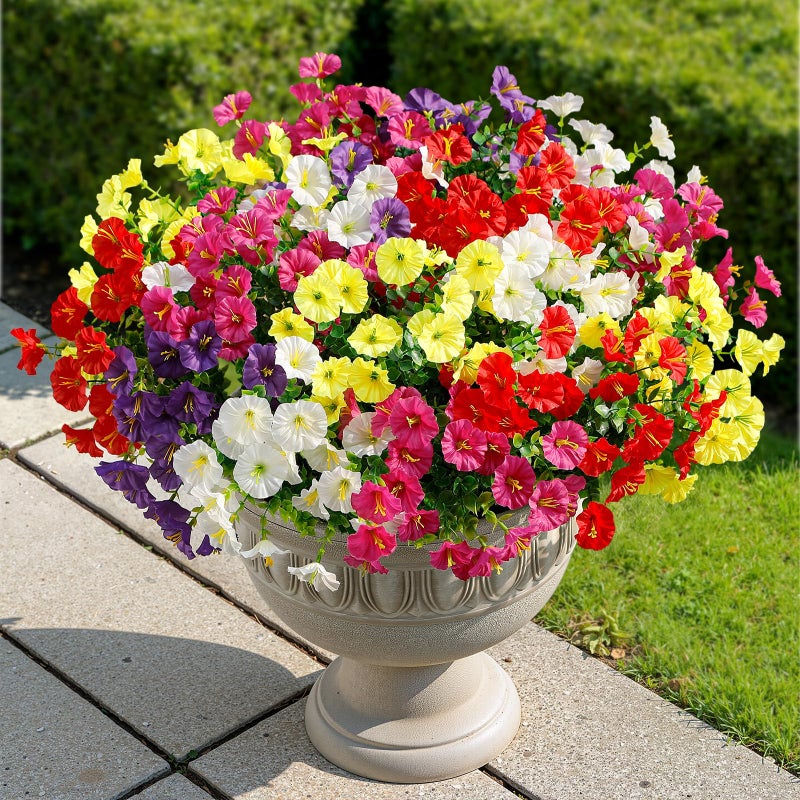 Alupssuc 24 Bundles Artificial Flowers for Outdoors, Faux Spring Flowers for Decoration, UV Resistant Silk Morning Glory with Eucalyptus Realistic Fake Flowers for Yard Planter Porch Garden, 5 Colors - Image 5