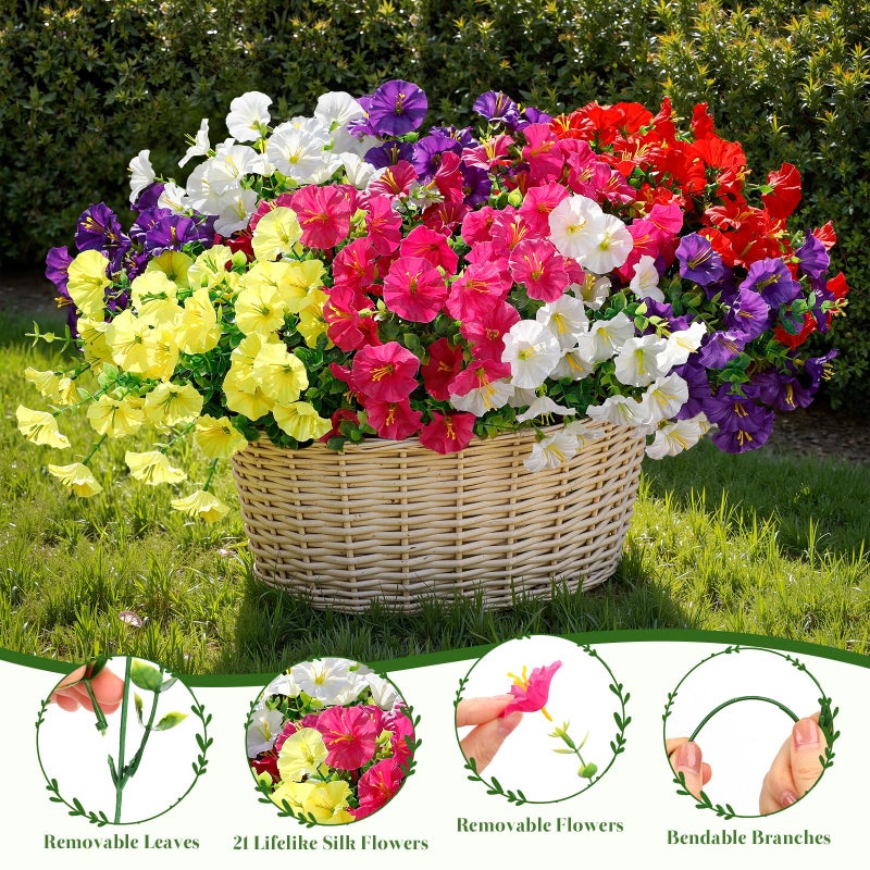 Alupssuc 24 Bundles Artificial Flowers for Outdoors, Faux Spring Flowers for Decoration, UV Resistant Silk Morning Glory with Eucalyptus Realistic Fake Flowers for Yard Planter Porch Garden, 5 Colors - Image 4