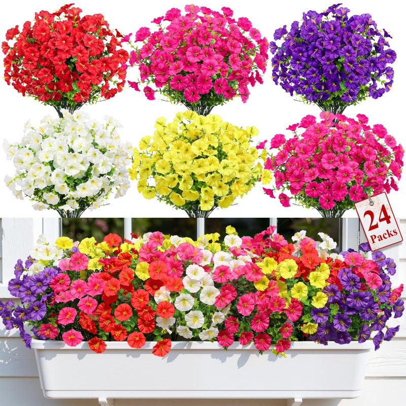Alupssuc 24 Bundles Artificial Flowers for Outdoors, Faux Spring Flowers for Decoration, UV Resistant Silk Morning Glory with Eucalyptus Realistic Fake Flowers for Yard Planter Porch Garden, 5 Colors - Image 1