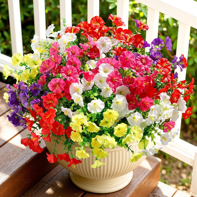 Alupssuc 24 Bundles Artificial Flowers for Outdoors, Faux Spring Flowers for Decoration, UV Resistant Silk Morning Glory with Eucalyptus Realistic Fake Flowers for Yard Planter Porch Garden, 5 Colors - Image 2