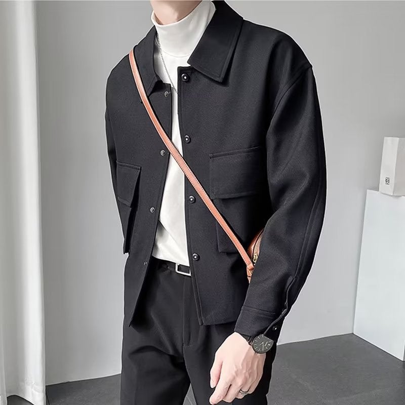 Autumn Winter Mens Casual Wool Blend Jacket Black