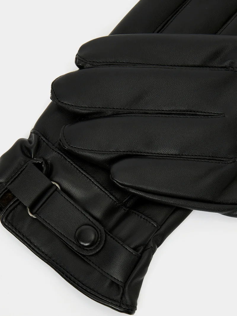 Styli Faux Leather Winter Gloves with Wrist Strap