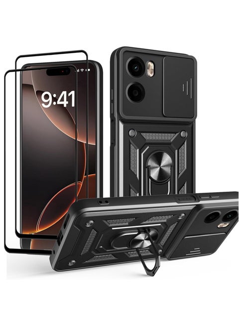 [1+2 Sets] For Motorola Moto G05/ Motorola Moto E15 Case & Screen Protector Slide Camera Cover with Magnetic Car Mount 2 Pieces Tempered Glass Screen Protector