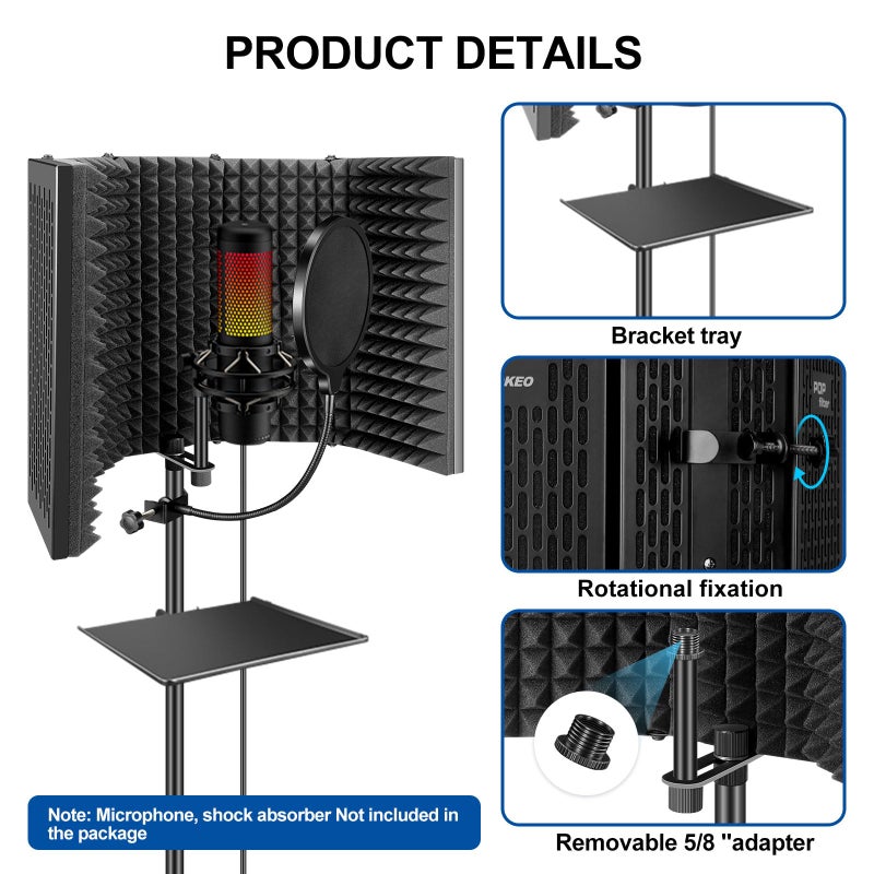 Aokeo Studio Recording Microphone Isolation Shield with Pop Filter & Tripod Stand,High Density Absorbent Foam to Filter Vocal,Foldable Sound Shield for Blue Yeti and Condenser Microphones - Image 4