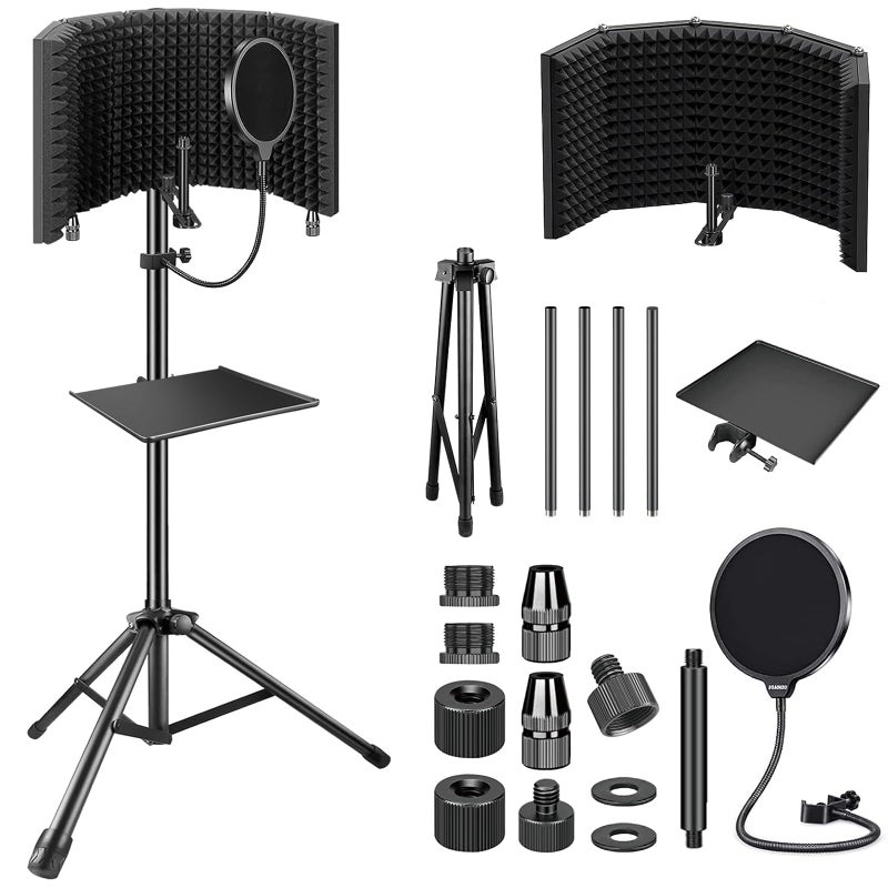 Aokeo Studio Recording Microphone Isolation Shield with Pop Filter & Tripod Stand,High Density Absorbent Foam to Filter Vocal,Foldable Sound Shield for Blue Yeti and Condenser Microphones - Image 1