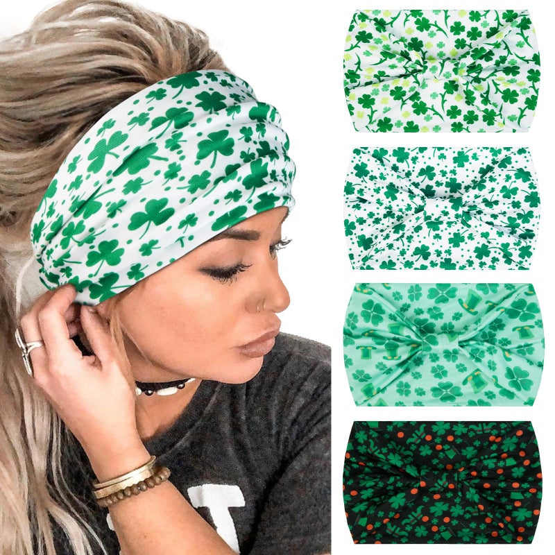 Huachi 4 Packs St. Patrick Headbands for Women Wide Knotted Green Shamrock Head Bands for Women's Hair, Trendy St Patricks Day Headband Party Decoration Hair Accessories for Women Gifts - Image 1