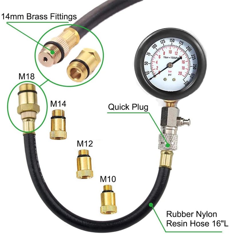 Mass Pro Automotive Tool Gauge | Automobile 0-300PSI Cylinder Compression Gasoline Engine Set Professional Tester Test Kit - Image 3