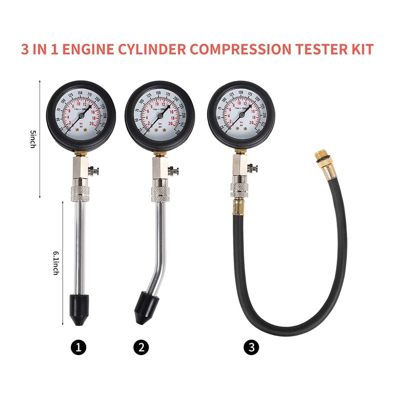 Mass Pro Automotive Tool Gauge | Automobile 0-300PSI Cylinder Compression Gasoline Engine Set Professional Tester Test Kit - Image 5