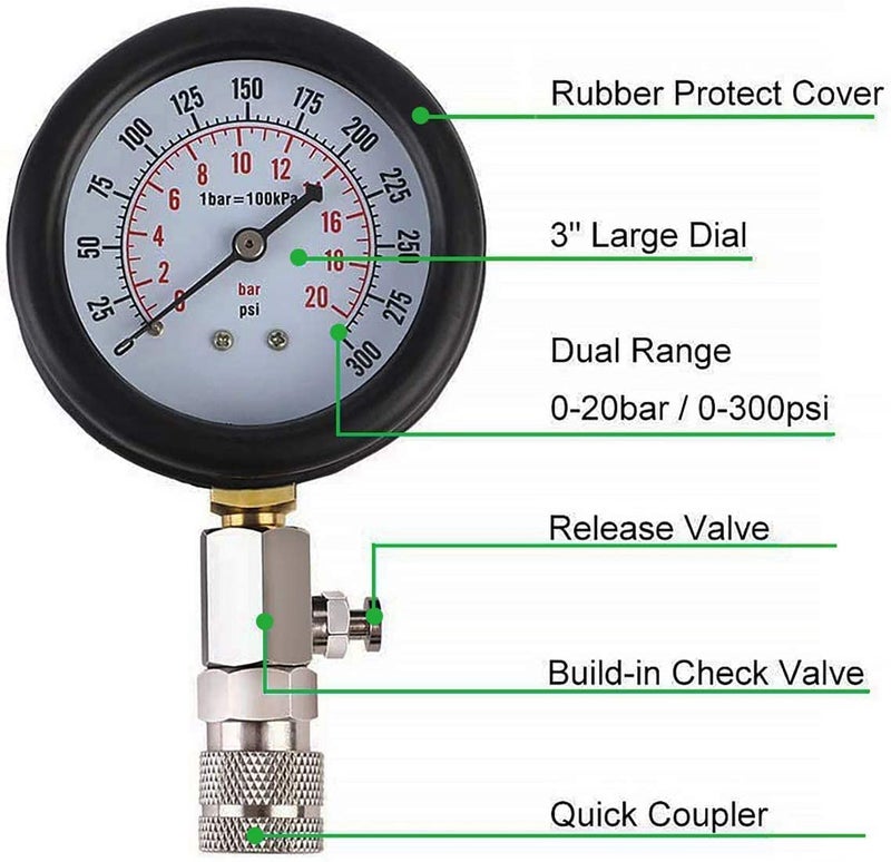 Mass Pro Automotive Tool Gauge | Automobile 0-300PSI Cylinder Compression Gasoline Engine Set Professional Tester Test Kit - Image 4
