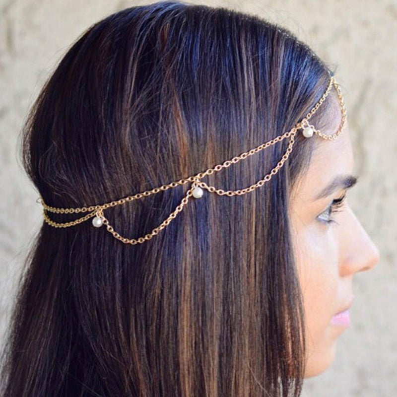 Shidara 1 Pcs Premium Gold Head Chain Pearl Pendant Hair Piece Bead Gorgeous Hair Chain Elegant Head Piece Charming Wedding Prom Bridal Jewelry Accessories for Women - Image 1