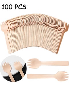 HY Wooden Forks Disposable, 100 Pieces Mini Forks Small Forks Bulk Appetizer Compostable Forks, Wear Resistant, Cutlery Mini Utensils Cake Fork for Carnival Birthday Party Picnic Party Supplies  - Image 1