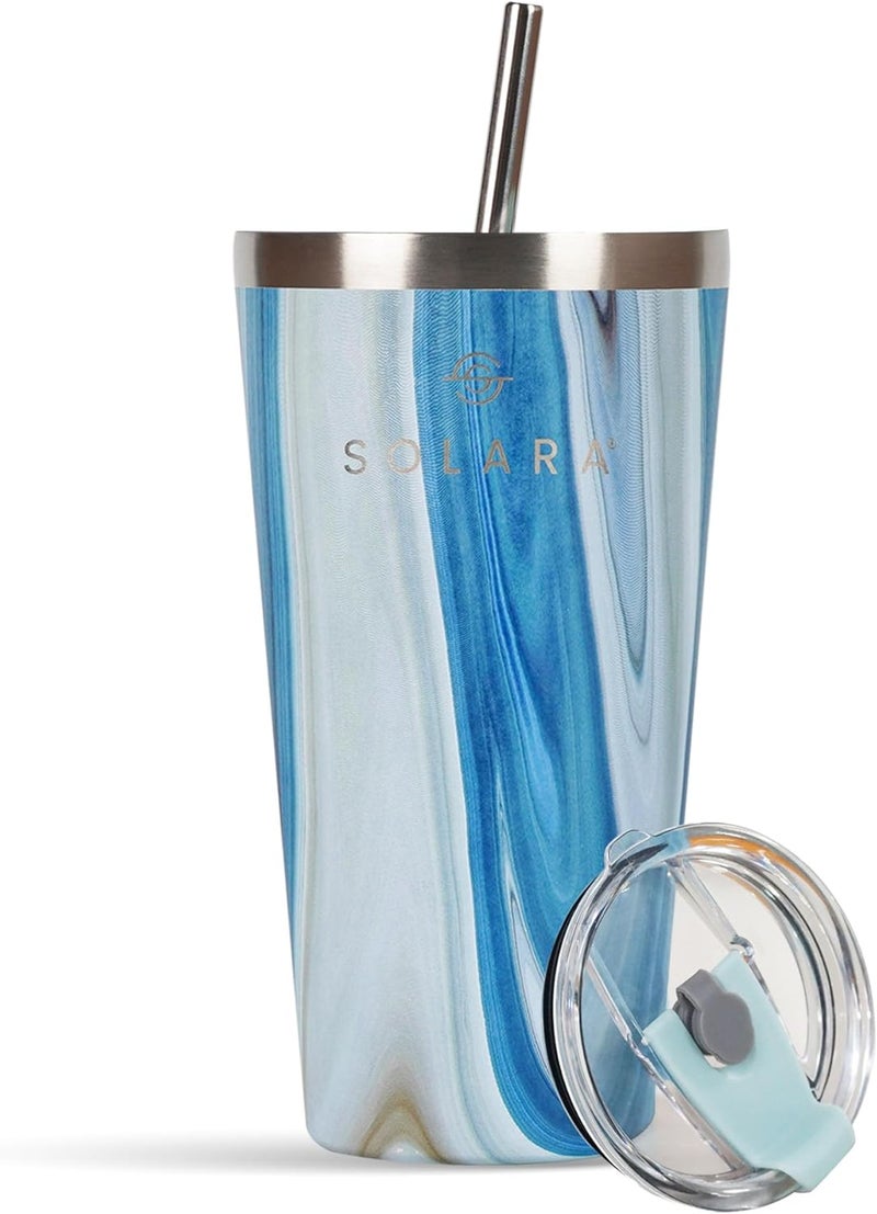 SOLARA Tumbler with lid and Straw 475ml, Double Wall Insulated Stainless Steel Coffee Tumbler, Travel Mug with Lid, Hot and Cold Coffee Mug with lid for Office, Home and Travel -Blue Marble - Image 1