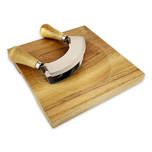 FTONENI Mezzaluna Cutting Board Bowl, Ulu Chopping Bowl, Concave Cutting Board, Wooden Bowl for Mincing Vegetables, Acacia Wood Cutting Block with Hollow Center 8" x 8" (Without Knives) - CXD00 - Image 4