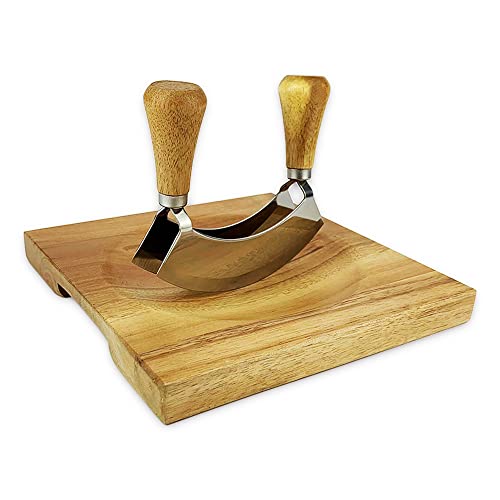 FTONENI Mezzaluna Cutting Board Bowl, Ulu Chopping Bowl, Concave Cutting Board, Wooden Bowl for Mincing Vegetables, Acacia Wood Cutting Block with Hollow Center 8" x 8" (Without Knives) - CXD00 - Image 3