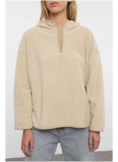 trendyol Stone Thick Fleece Hooded and Zippered Oversize/Wide Fit Knitted Sweatshirt TWOAW22SW2063  - Image 3