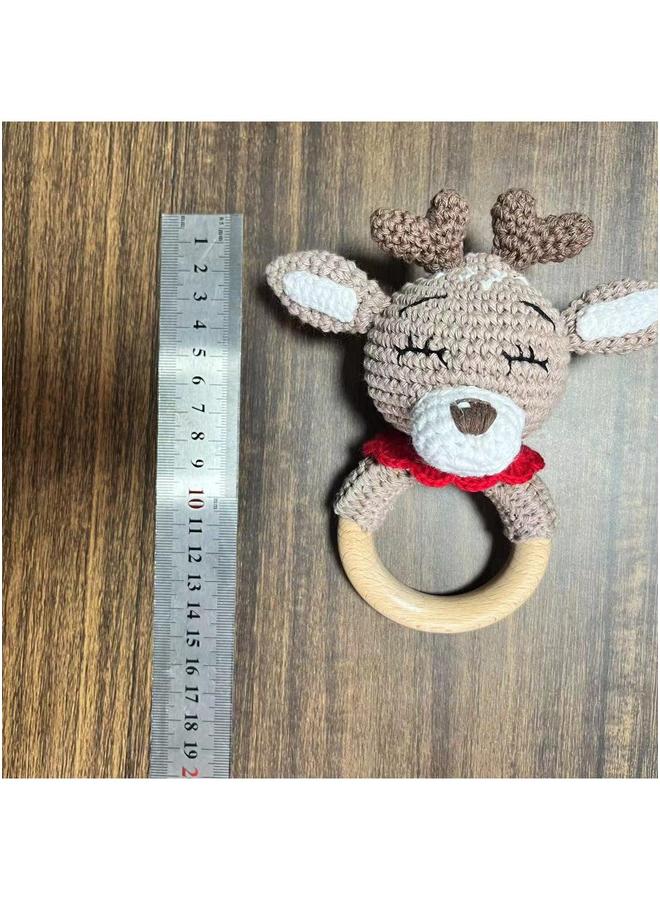 Handmade Wooden Yarn Rattle, Baby Soothing Teether Toy red scarf deer 