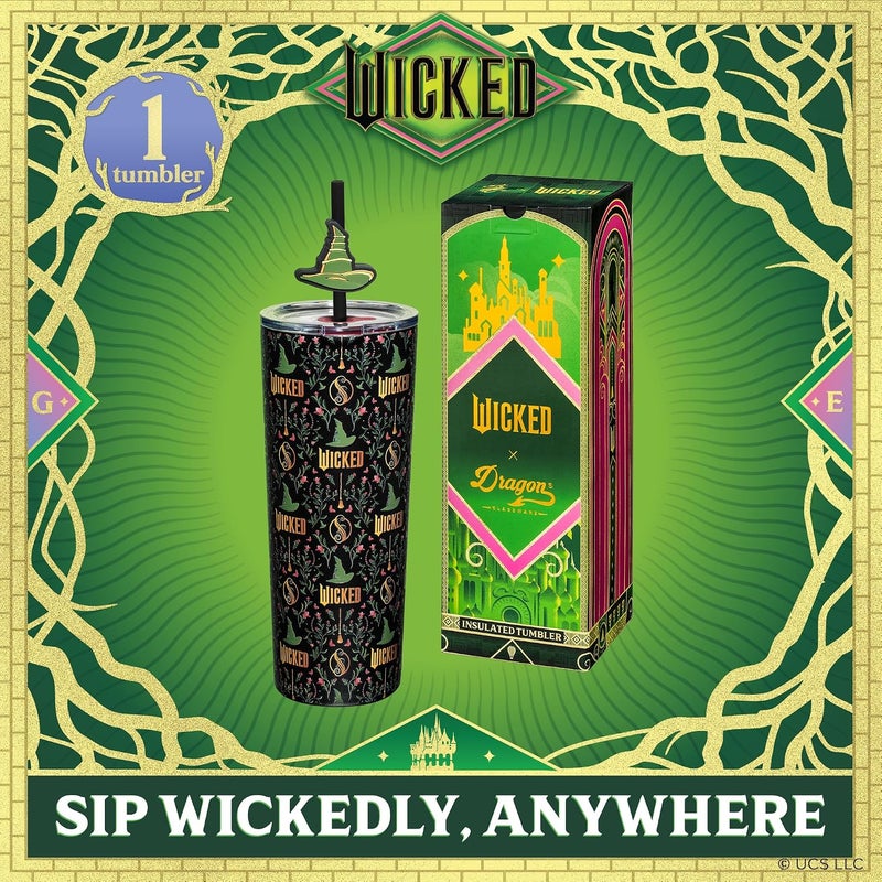 Dragon Glassware منتجات x Wicked: كوب عازل حراري سعة 0.7 لتر، مصنوع من الفولاذ المقاوم للصدأ، مزود بغطاء وقشتين، مناسب للماء أو الشاي المثلج. - Image 2