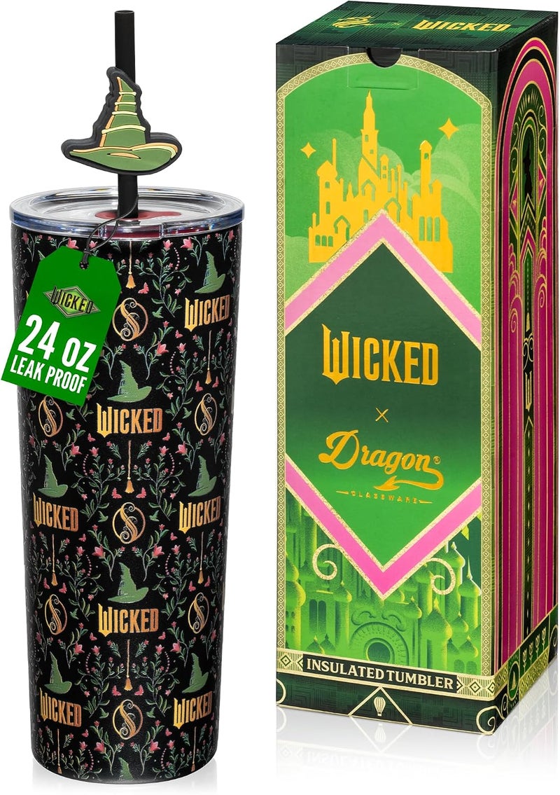 Dragon Glassware منتجات x Wicked: كوب عازل حراري سعة 0.7 لتر، مصنوع من الفولاذ المقاوم للصدأ، مزود بغطاء وقشتين، مناسب للماء أو الشاي المثلج. - Image 1