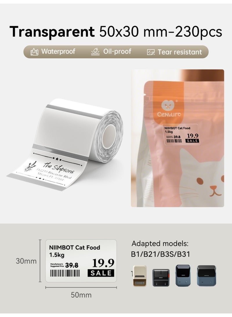 نيمبوت شريط ملصقات شفاف من NIIMBOT لطرازات B1/B21/B31/B3S، 1.97 بوصة × 1.18 بوصة (50 × 30 مم)، 230 ملصقًا في كل لفة، ملصقات حرارية لبرطمانات ماسون/التوابل/الباركود/الرمز الاستجابي/العناوين/الأعمال الصغيرة - Image 2