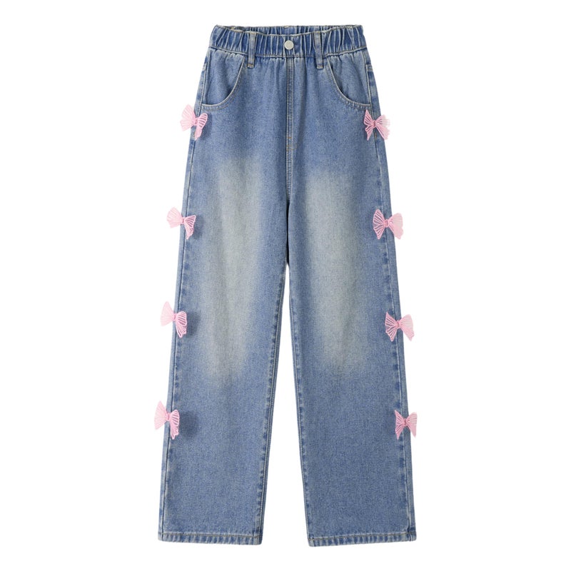 Rolanko Big Girls Baggy Jeans Y2K Wide Leg with Pockets, Pure Cotton, Kids Cute Clothes (Pinkbutterfly, 13-14 Years) - Image 1