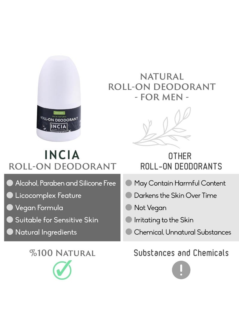 Natural Men's Roll On Deodorant Vegan, Aluminum Free Deodorant for Men, Fresh, Cruelty Free, Paraben Free, Natural Fragrance - 50 ml