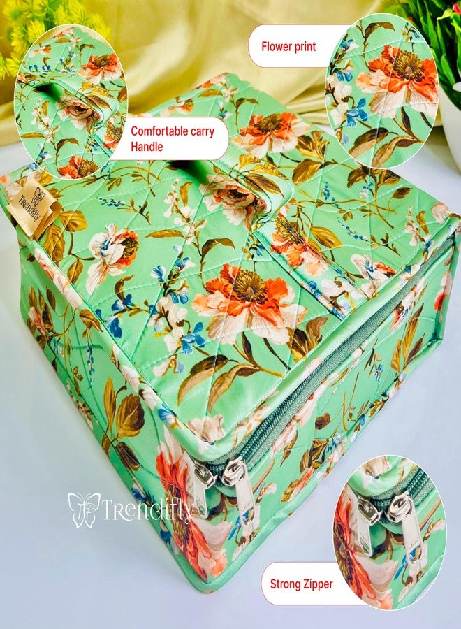 Trendifly Flower Printed Jewellery Organizers Storage Pouch Bag Box For Women Girls Ladies | Necklace Earrings Rings Bangles Multipurpose Vanity Jewelry Organiser (Green) - Image 3