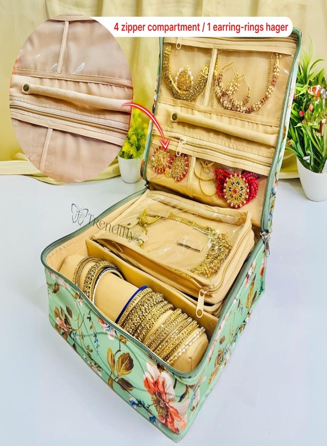 Trendifly Flower Printed Jewellery Organizers Storage Pouch Bag Box For Women Girls Ladies | Necklace Earrings Rings Bangles Multipurpose Vanity Jewelry Organiser (Green) - Image 5