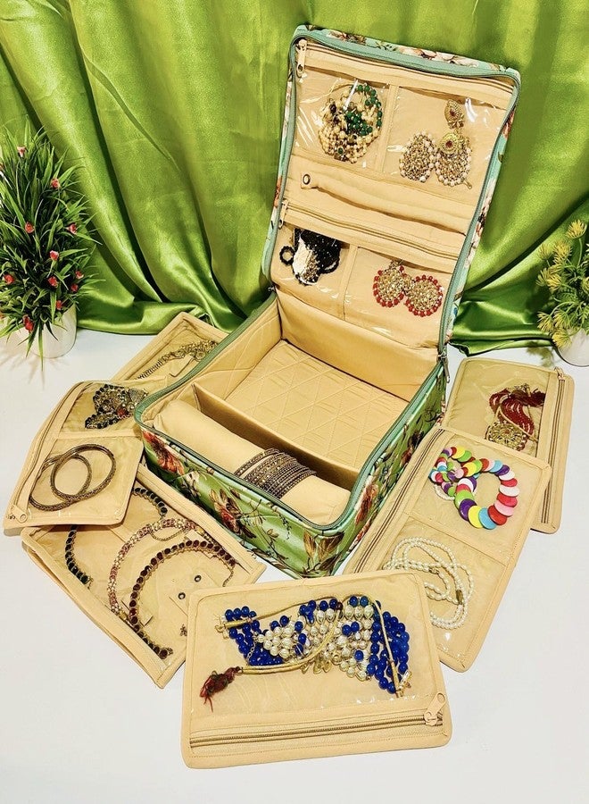 Trendifly Flower Printed Jewellery Organizers Storage Pouch Bag Box For Women Girls Ladies | Necklace Earrings Rings Bangles Multipurpose Vanity Jewelry Organiser (Green) - Image 1
